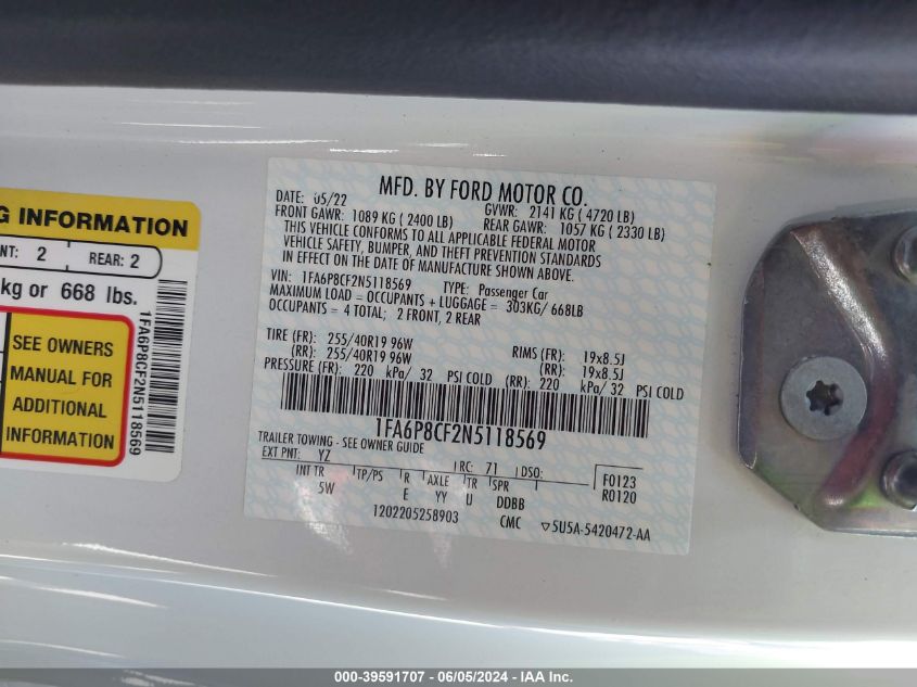 2022 Ford Mustang Gt Premium Fastback VIN: 1FA6P8CF2N5118569 Lot: 39591707