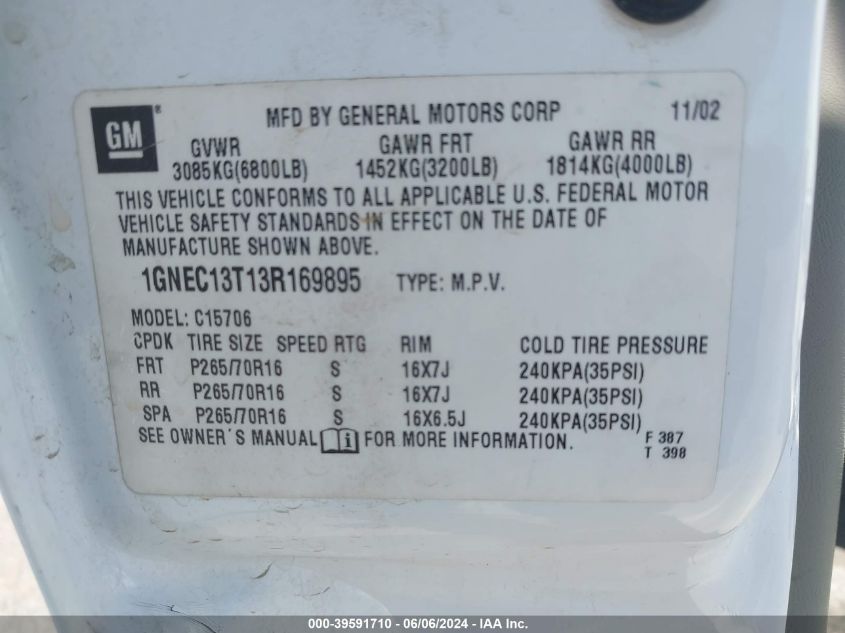 2003 Chevrolet Tahoe C1500 VIN: 1GNEC13T13R169895 Lot: 39591710