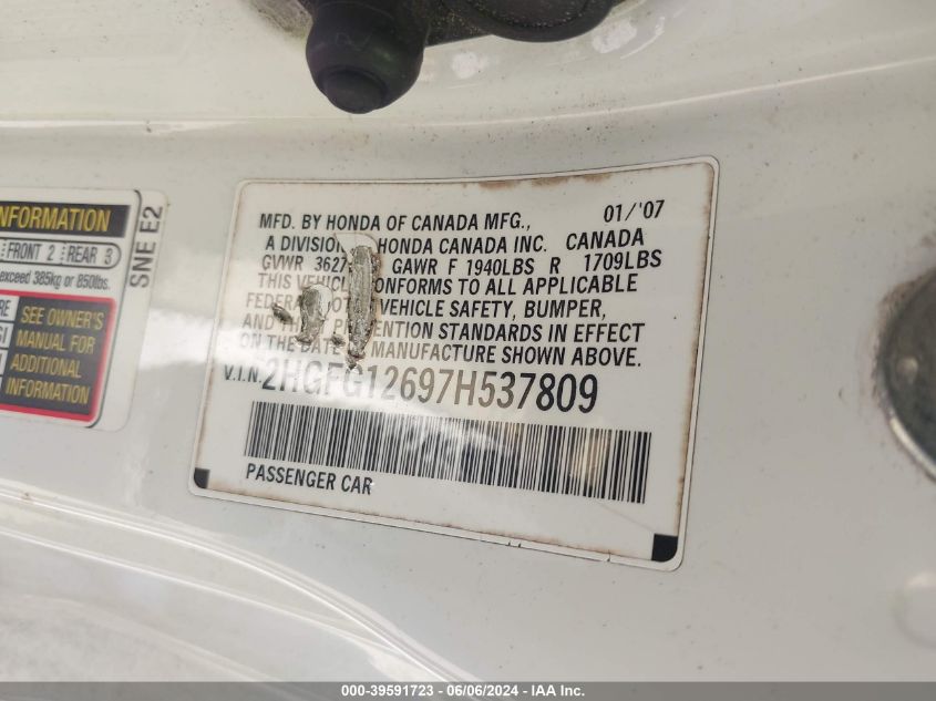 2007 Honda Civic Lx VIN: 2HGFG12697H537809 Lot: 39591723