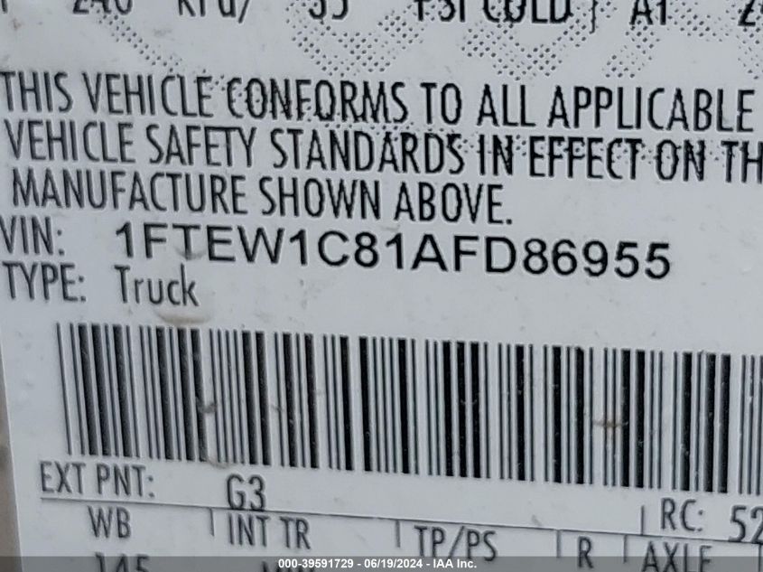 2010 Ford F-150 VIN: 1FTEW1C81AFD86955 Lot: 39591729