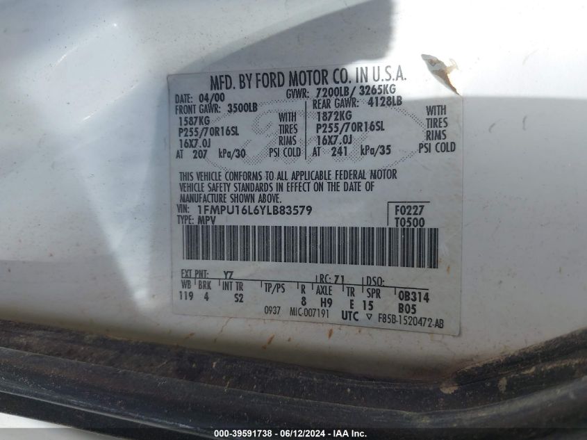 2000 Ford Expedition Xlt VIN: 1FMPU16L6YLB83579 Lot: 39591738