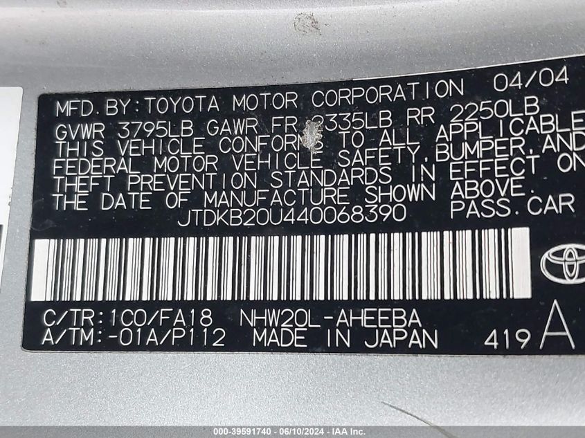 2004 Toyota Prius VIN: JTDKB20U440068390 Lot: 39591740