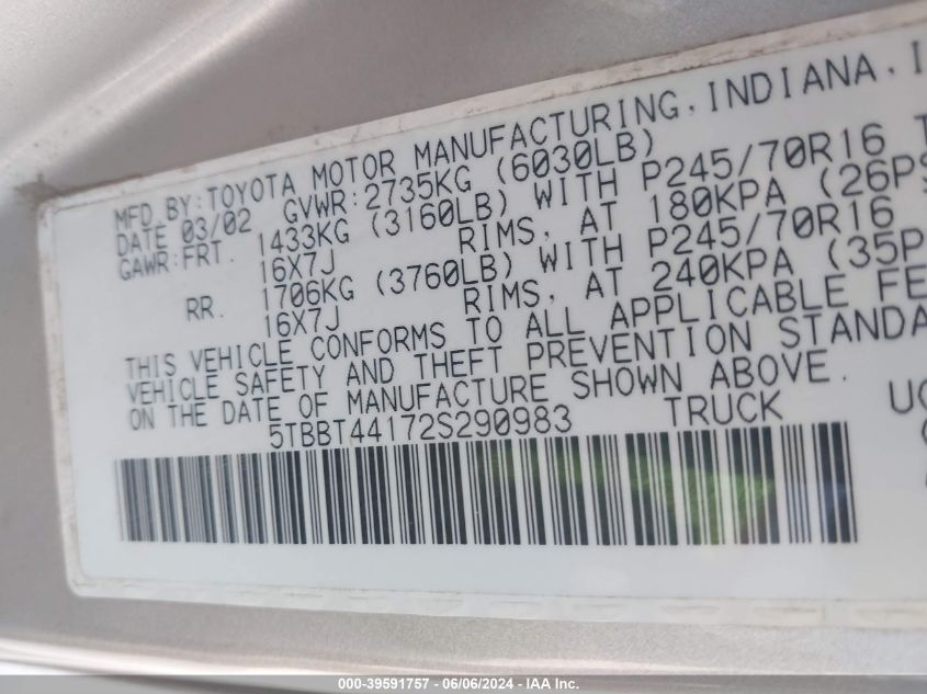 2002 Toyota Tundra Sr5 V8 VIN: 5TBBT44172S290983 Lot: 39591757