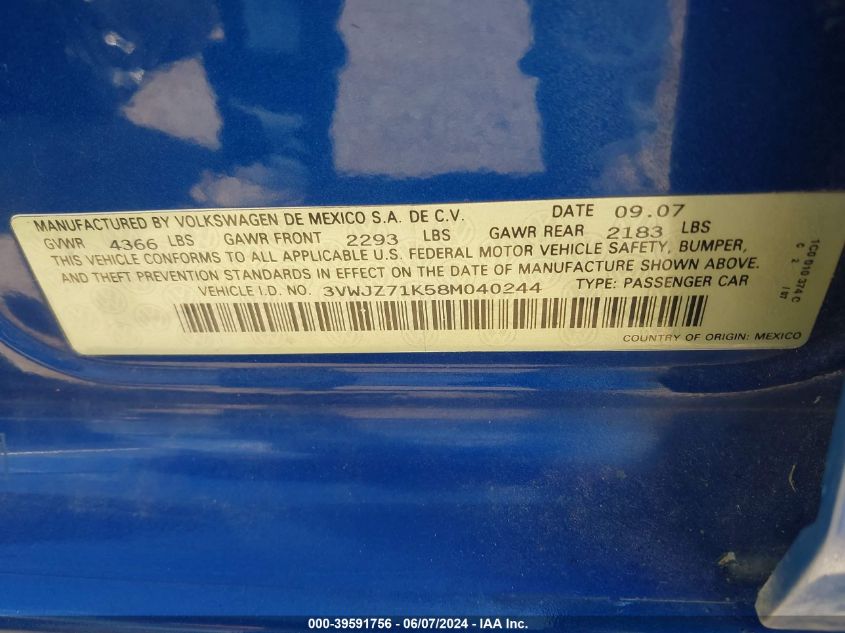 2008 Volkswagen Jetta S VIN: 3VWJZ71K58M040244 Lot: 39591756