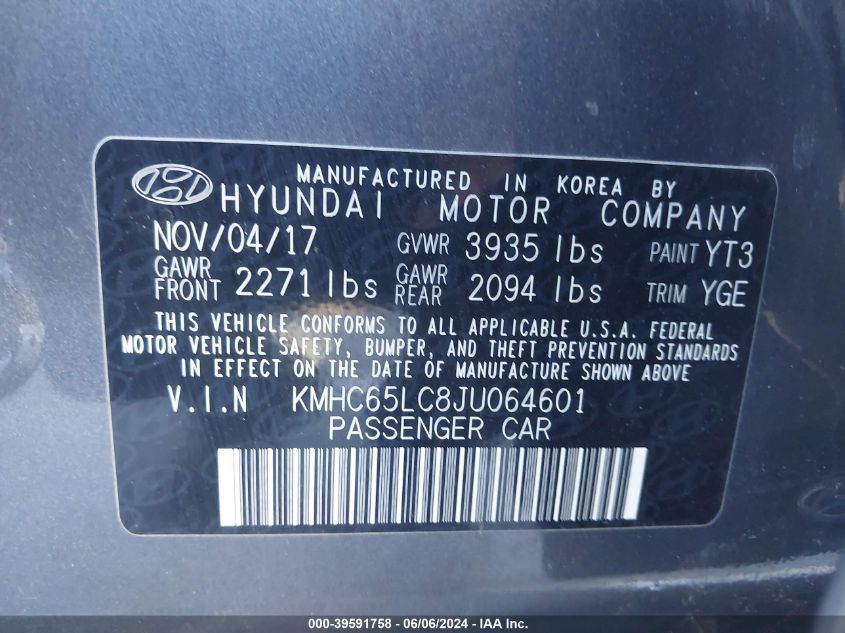 2018 Hyundai Ioniq Hybrid Blue VIN: KMHC65LC8JU064601 Lot: 39591758