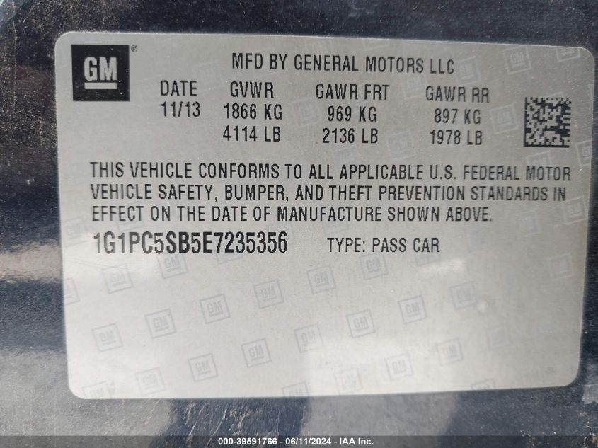2014 Chevrolet Cruze 1Lt Auto VIN: 1G1PC5SB5E7235356 Lot: 39591766