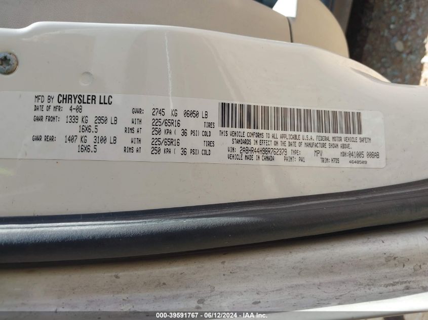 2008 Chrysler Town & Country Lx VIN: 2A8HR44H98R762379 Lot: 39591767