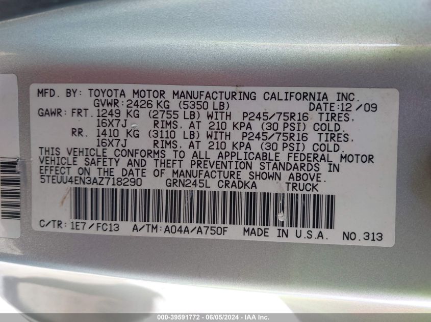 2010 Toyota Tacoma Base V6 VIN: 5TEUU4EN3AZ718290 Lot: 39591772
