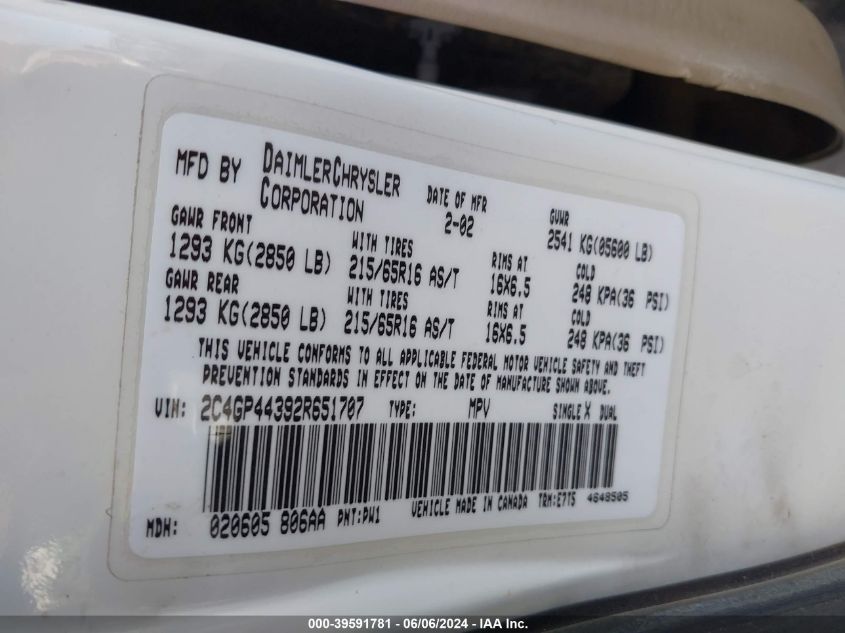 2002 Chrysler Town & Country Lx VIN: 2C4GP44392R651707 Lot: 39591781
