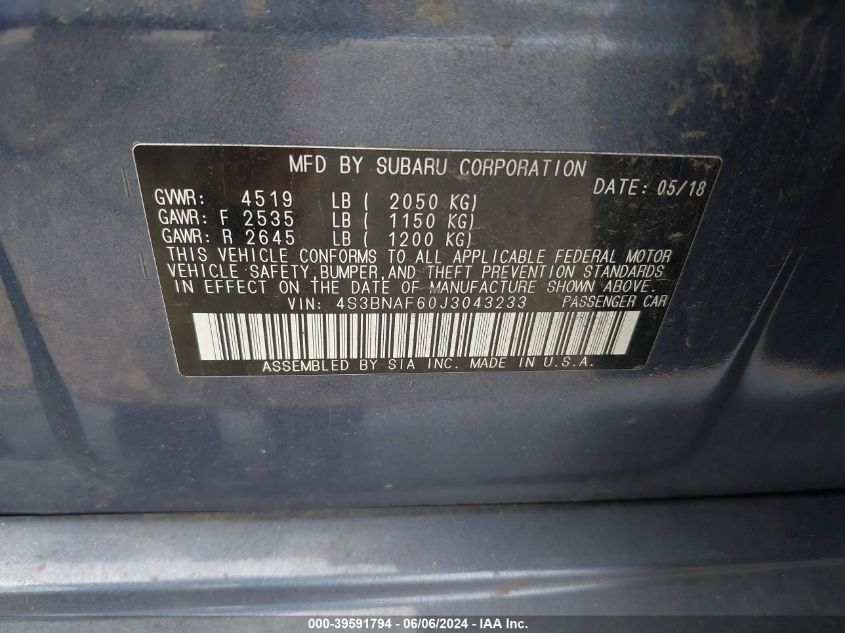 4S3BNAF60J3043233 2018 Subaru Legacy 2.5I Premium