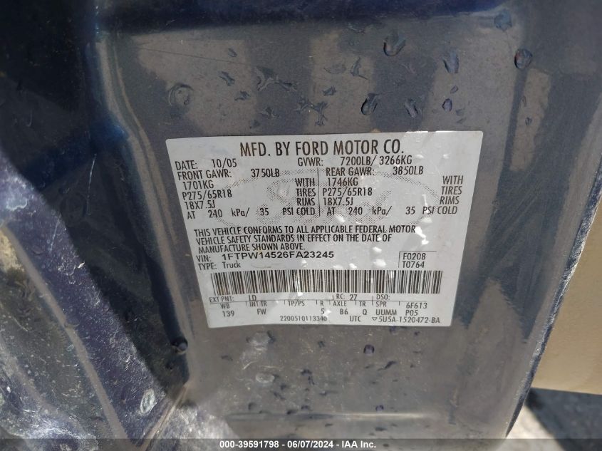 2006 Ford F-150 Fx4/Lariat/Xlt VIN: 1FTPW14526FA23245 Lot: 39591798