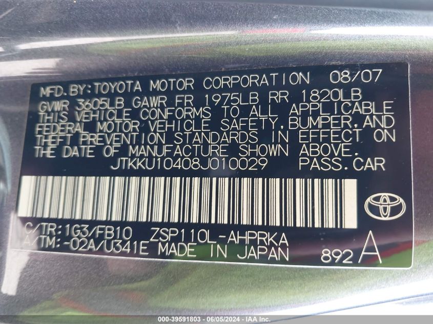 2008 Scion Xd VIN: JTKKU10408J010029 Lot: 39591803