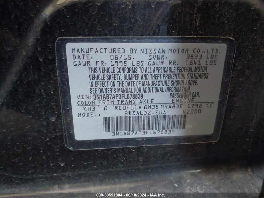 2015 Nissan Sentra Sv VIN: 3N1AB7AP3FL678839 Lot: 39591804