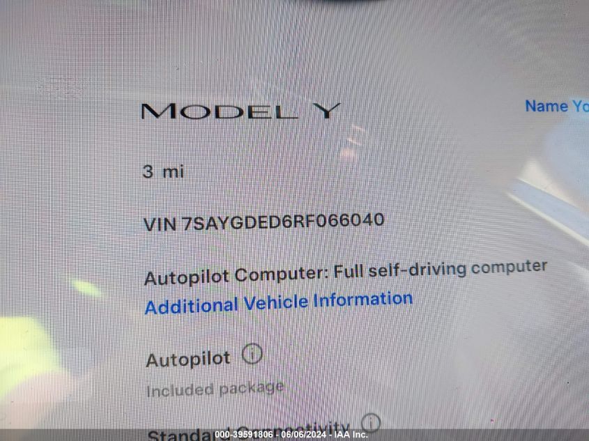 2024 Tesla Model Y Rwd VIN: 7SAYGDED6RF066040 Lot: 39591806