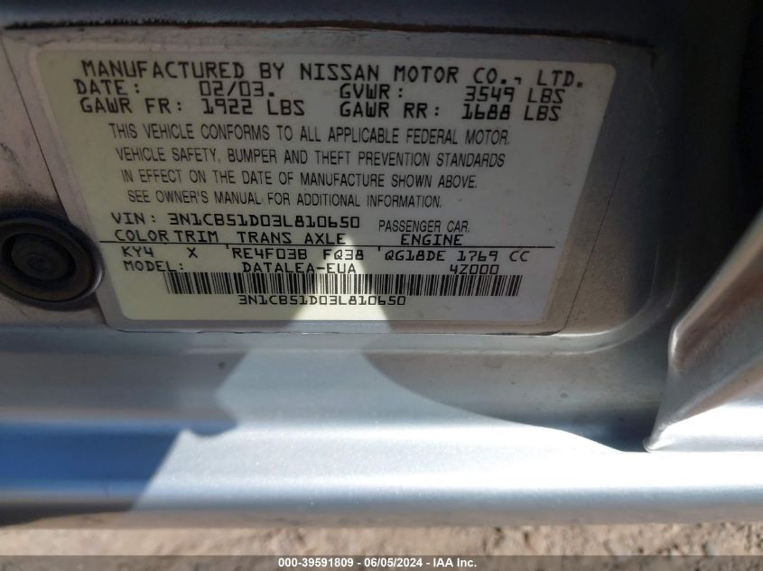 2003 Nissan Sentra Gxe VIN: 3N1CB51D03L810650 Lot: 39591809