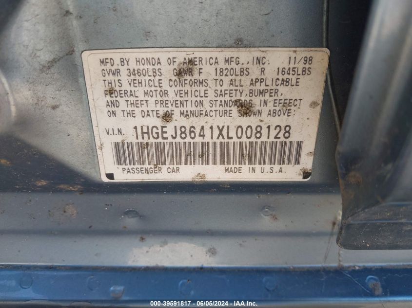 1999 Honda Civic Ex VIN: 1HGEJ8641XL008128 Lot: 39591817