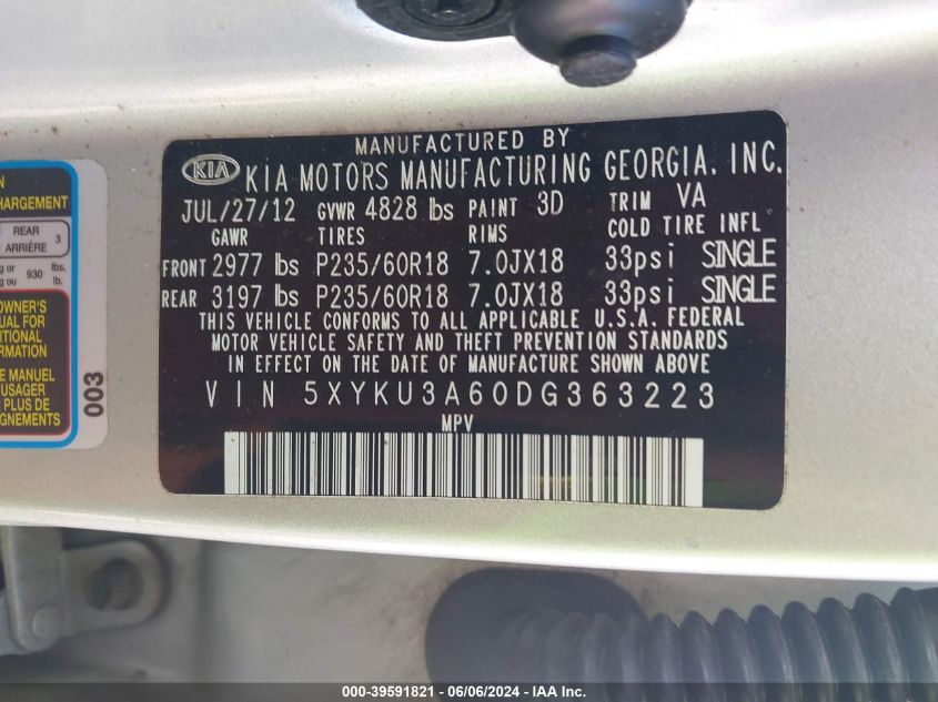 2013 KIA SORENTO EX - 5XYKU3A60DG363223