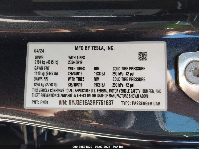 5YJ3E1EA2RF751637 2024 Tesla Model 3 Rear-Wheel Drive