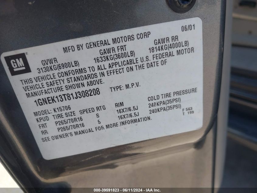 2001 Chevrolet Tahoe Lt VIN: 1GNEK13T81J308208 Lot: 39591823