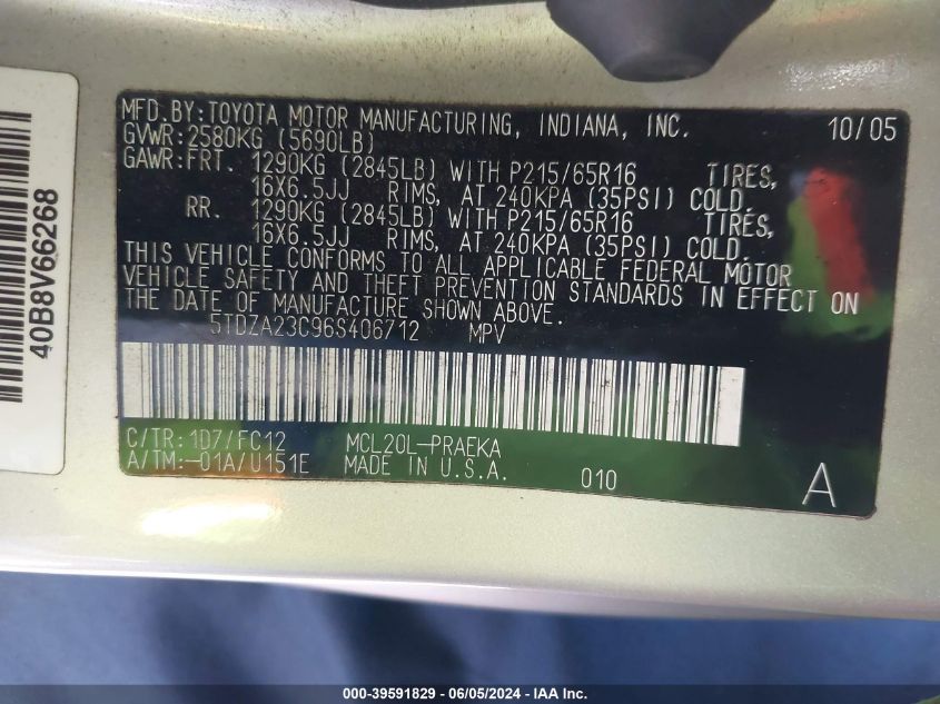 2006 Toyota Sienna Ce/Le VIN: 5TDZA23C96S406712 Lot: 39591829