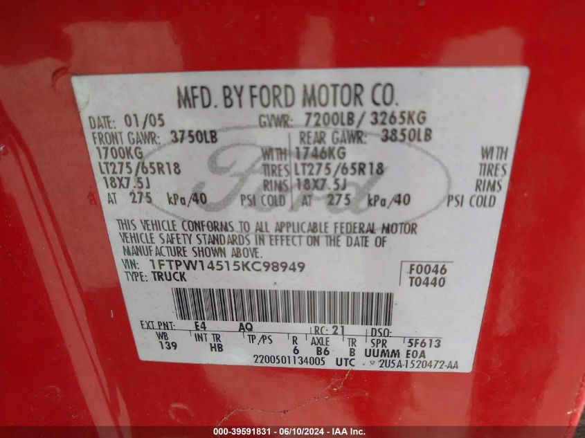 2005 Ford F-150 Fx4/Lariat/Xlt VIN: 1FTPW14515KC98949 Lot: 39591831
