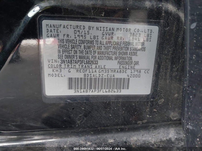 2015 Nissan Sentra Sv VIN: 3N1AB7AP3FL682633 Lot: 39591832