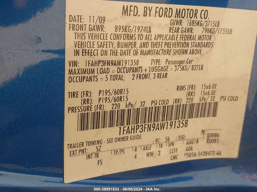 2010 Ford Focus Se VIN: 1FAHP3FN9AW191358 Lot: 39591833