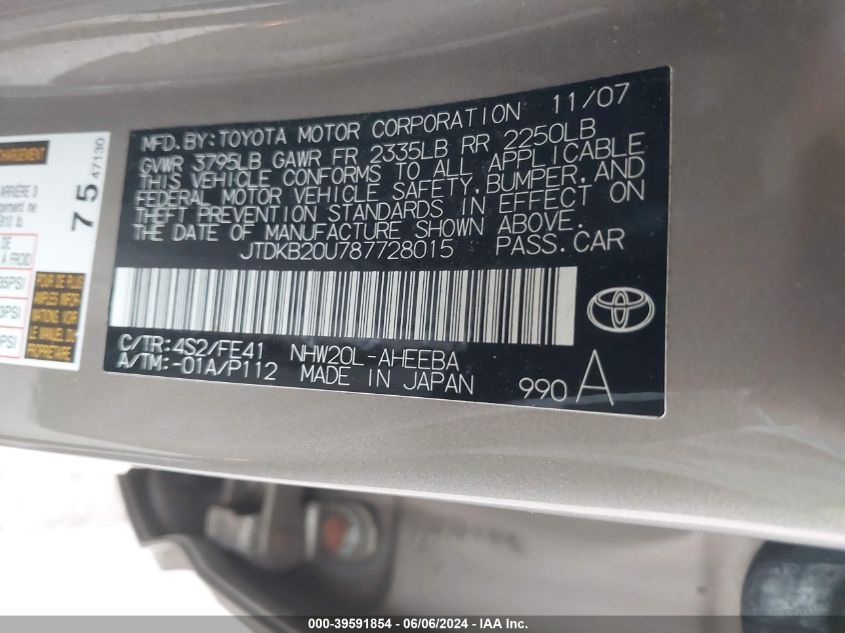 2008 Toyota Prius VIN: JTDKB20U787728015 Lot: 39591854