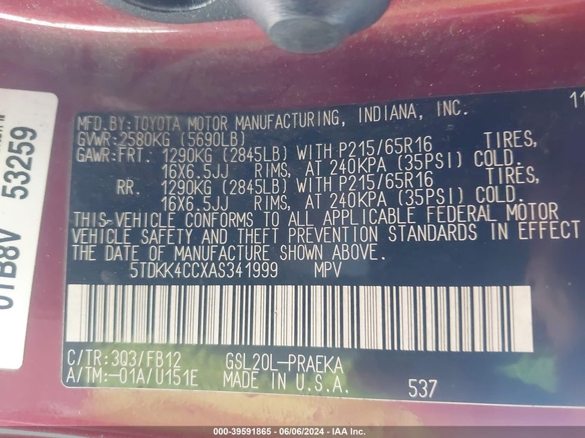 2010 Toyota Sienna Ce VIN: 5TDKK4CCXAS341999 Lot: 39591865