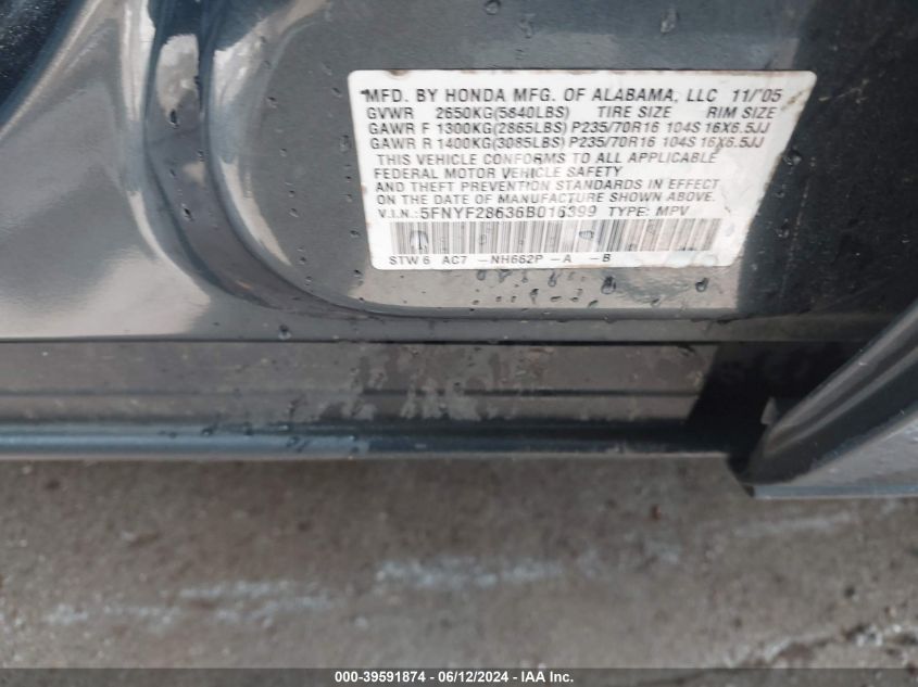 2006 Honda Pilot Ex-L VIN: 5FNYF28636B016399 Lot: 39591874