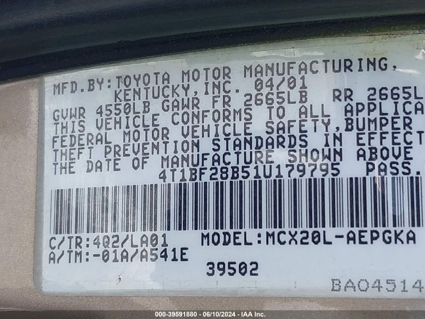 2001 Toyota Avalon Xls VIN: 4T1BF28B51U179795 Lot: 39591880