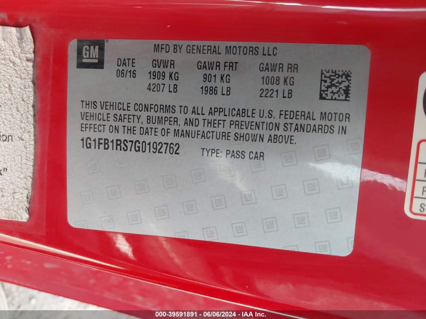 2016 Chevrolet Camaro 1Lt VIN: 1G1FB1RS7G0192762 Lot: 39591891