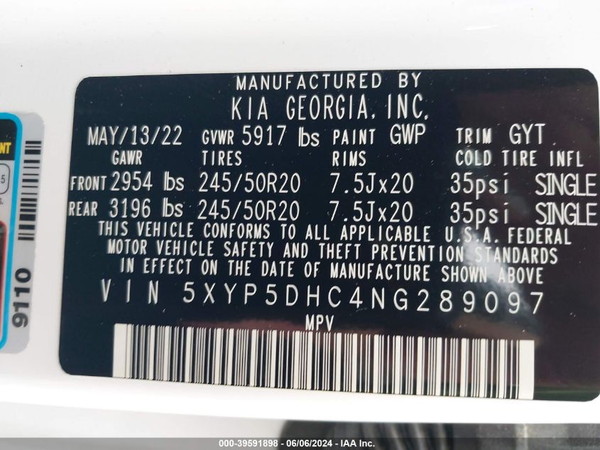 2022 Kia Telluride Sx VIN: 5XYP5DHC4NG289097 Lot: 39591898