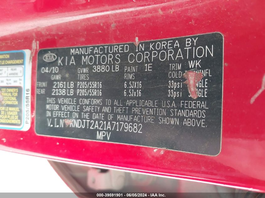 2010 Kia Soul + VIN: KNDJT2A21A7179682 Lot: 39591901