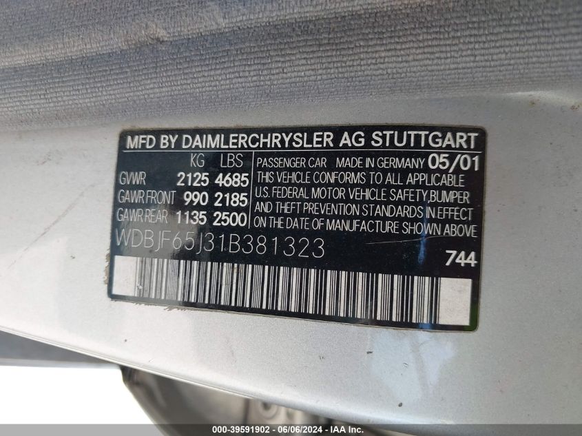 2001 Mercedes-Benz E 320 VIN: WDBJF65J31B381323 Lot: 39591902