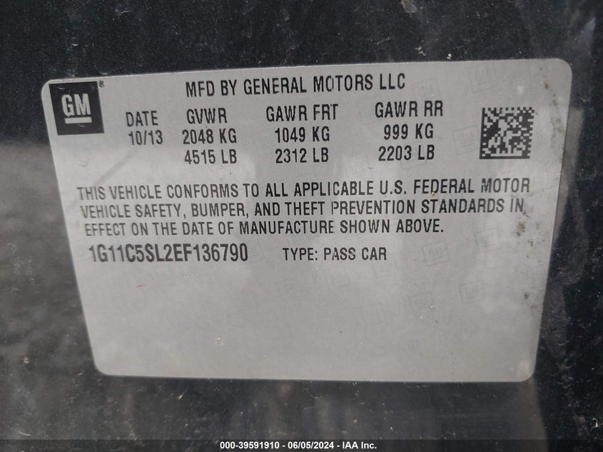 2014 Chevrolet Malibu 1Lt VIN: 1G11C5SL2EF136790 Lot: 39591910