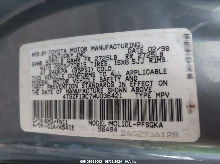 1998 Toyota Sienna Le VIN: 4T3ZF13C7WU036421 Lot: 39592002