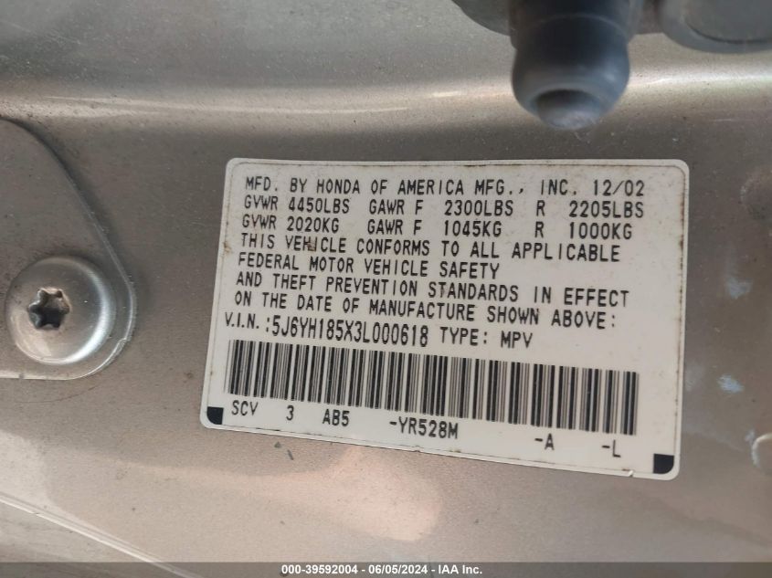 2003 Honda Element Ex VIN: 5J6YH185X3L000618 Lot: 39592004