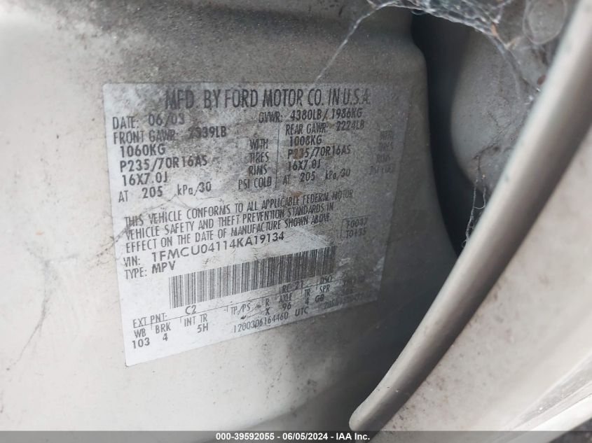 2004 Ford Escape Limited VIN: 1FMCU04114KA19134 Lot: 39592055