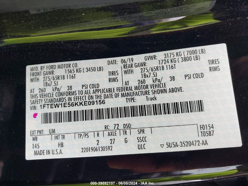 2019 Ford F-150 Lariat VIN: 1FTEW1E56KKE09156 Lot: 39592107