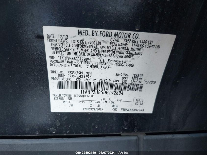 2013 Ford Taurus Sel VIN: 1FAHP2H85DG192894 Lot: 39592169