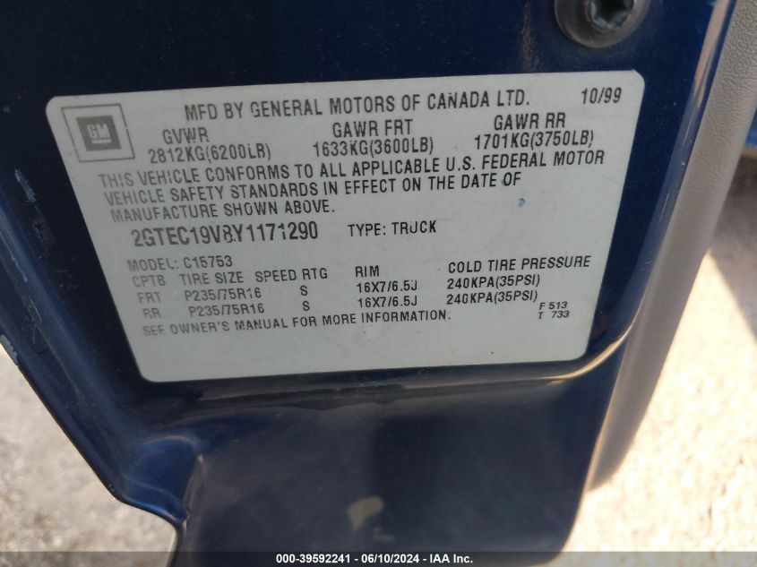 2000 GMC Sierra 1500 Sle VIN: 2GTEC19V8Y1171290 Lot: 39592241