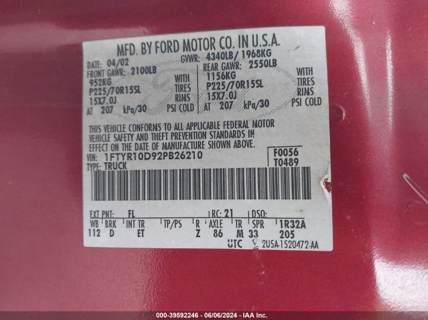 2002 Ford Ranger Xl/Xlt VIN: 1FTYR10D92PB26210 Lot: 39592246