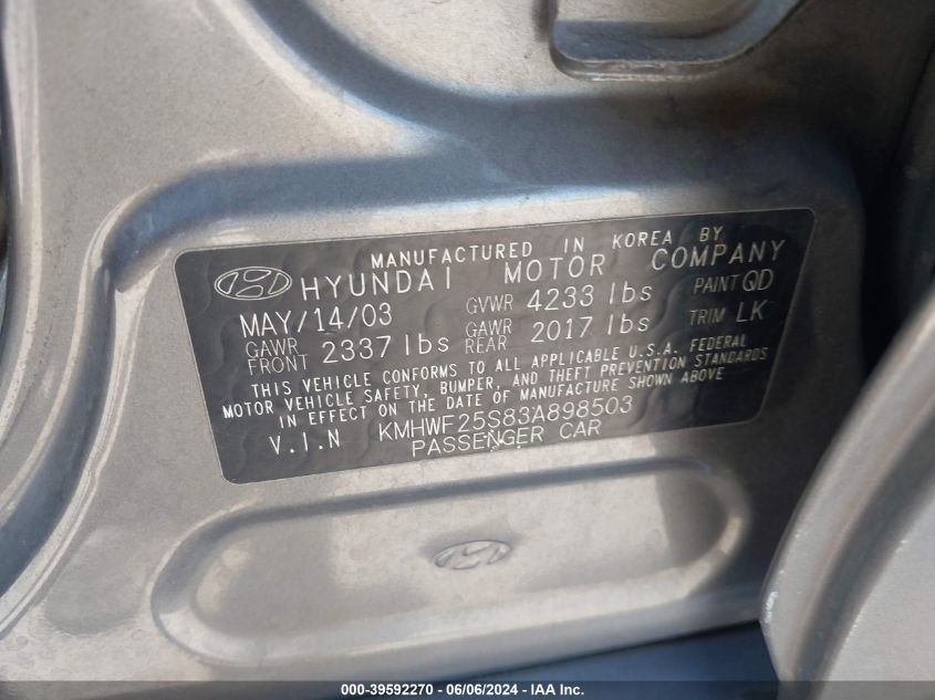 2003 Hyundai Sonata Base (A4)/Base (M5) VIN: KMHWF25S83A898503 Lot: 39592270