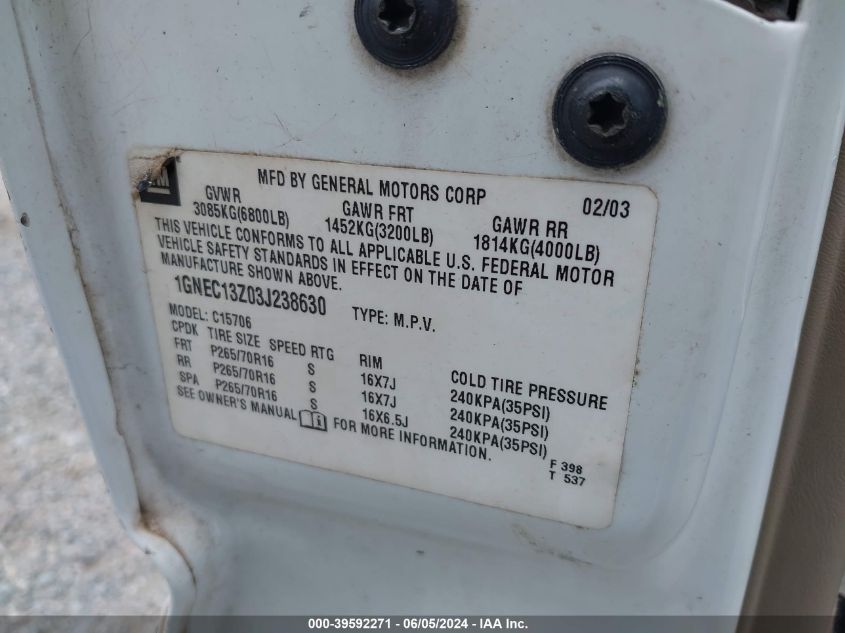 2003 Chevrolet Tahoe Lt VIN: 1GNEC13Z03J238630 Lot: 39592271