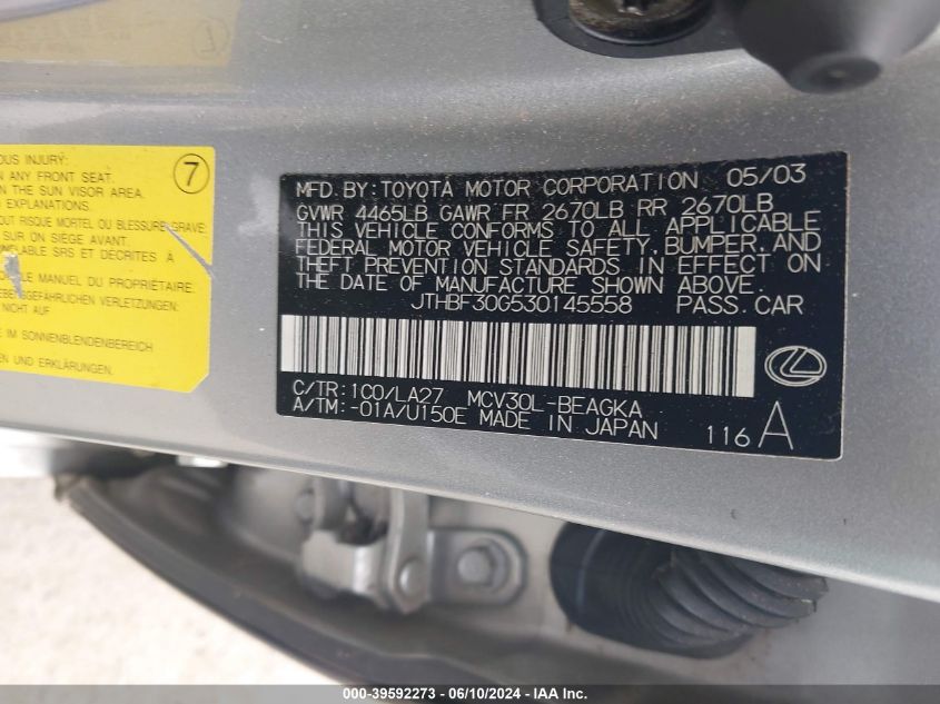 2003 Lexus Es 300 VIN: JTHBF30G530145558 Lot: 39592273