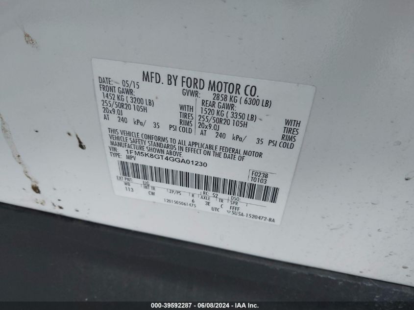 2016 Ford Explorer Sport VIN: 1FM5K8GT4GGA01230 Lot: 39592287