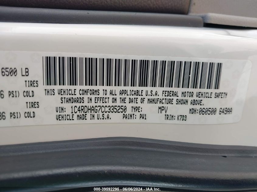 2012 Dodge Durango Sxt VIN: 1C4RDHAG7CC335250 Lot: 42621379