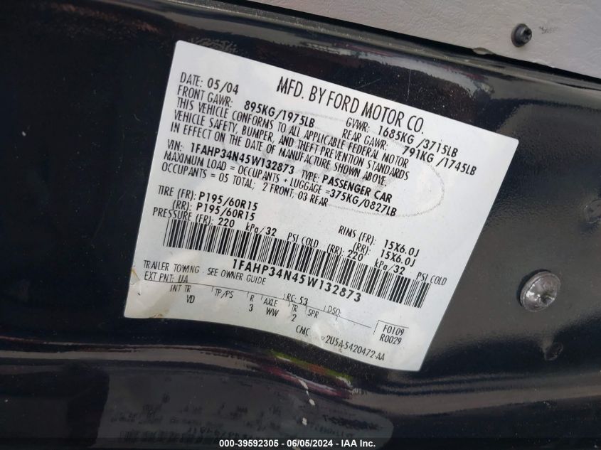 2005 Ford Focus Zx4 VIN: 1FAHP34N45W132873 Lot: 39592305