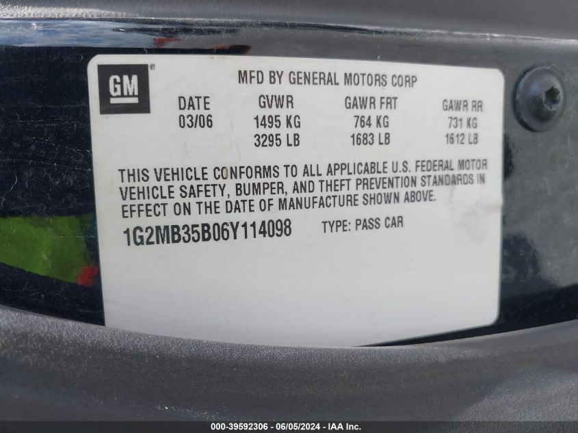 2006 Pontiac Solstice VIN: 1G2MB35B06Y114098 Lot: 39592306